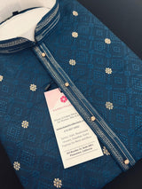 Teal Blue men's kurta pajama in soft silk with self-design with gold & silver zari buttis — Kaash Collection