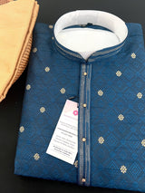 Teal Blue men's kurta pajama in soft silk with self-design with gold & silver zari buttis — Kaash Collection