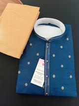 Teal Blue men's kurta pajama in soft silk with self-design with gold & silver zari buttis — Kaash Collection