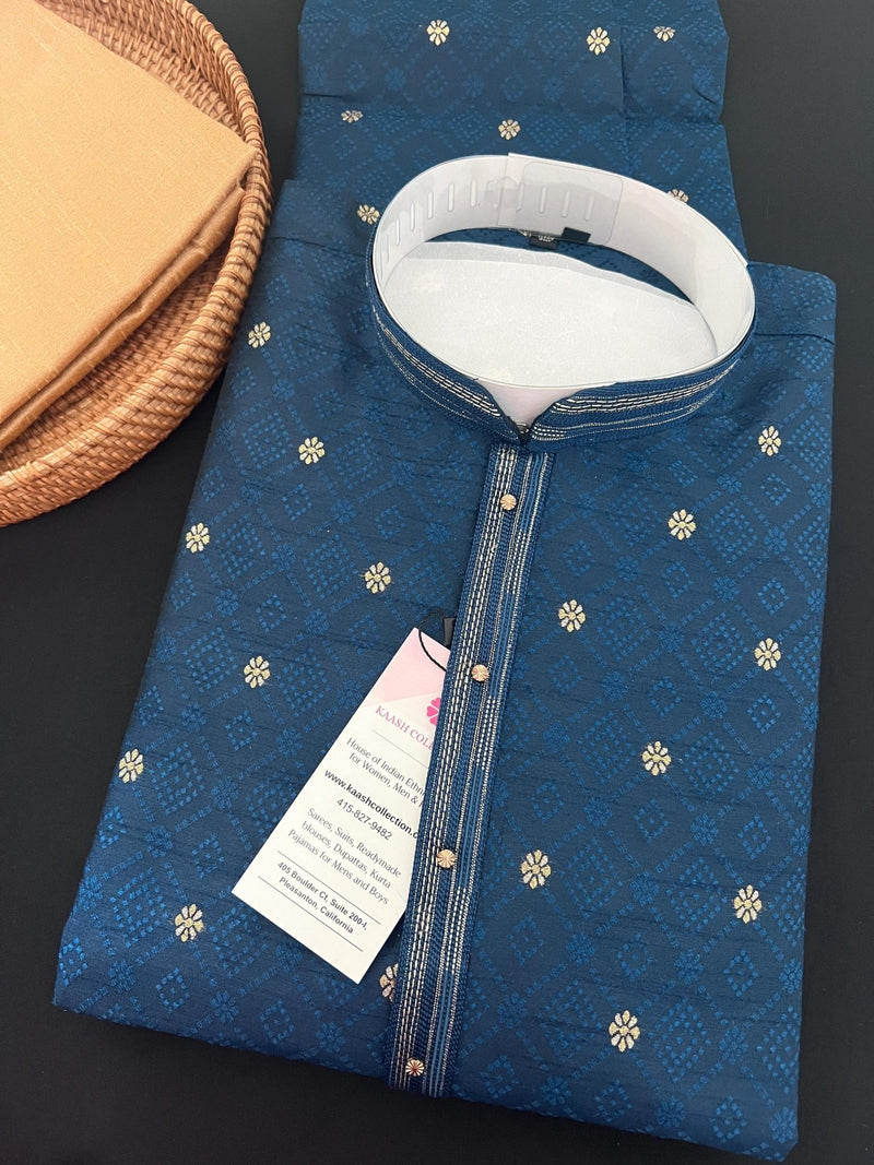 Teal Blue men's kurta pajama in soft silk with self-design with gold & silver zari buttis — Kaash Collection