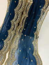 Teal Blue net dupatta with gold zari, sequin & beads — Kaash Collection