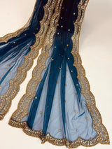 Teal Blue net dupatta with gold zari, sequin & beads — Kaash Collection