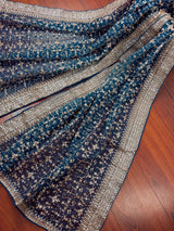 Teal Blue Color Organza Silk Dupatta with Muted Gold Zari, Embroidery and Sequin - Kaash