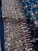 Teal Blue Color Organza Silk Dupatta with Muted Gold Zari, Embroidery and Sequin - Kaash