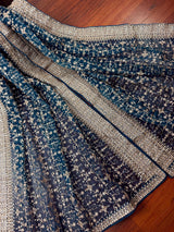 Teal Blue Color Organza Silk Dupatta with Muted Gold Zari, Embroidery and Sequin - Kaash