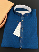 Teal Blue men's kurta pajama in soft silk (non-pure) with self-weave design with self-embroidery — Kaash Collection