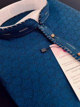 Teal Blue men's kurta pajama in soft silk (non-pure) with self-weave design with self-embroidery — Kaash Collection