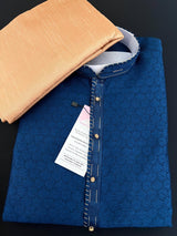 Teal Blue men's kurta pajama in soft silk (non-pure) with self-weave design with self-embroidery — Kaash Collection