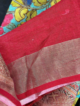 Teal Blue Pure Linen saree in pure linen by linen with radha-krishna pallu with zari border — Kaash Collection