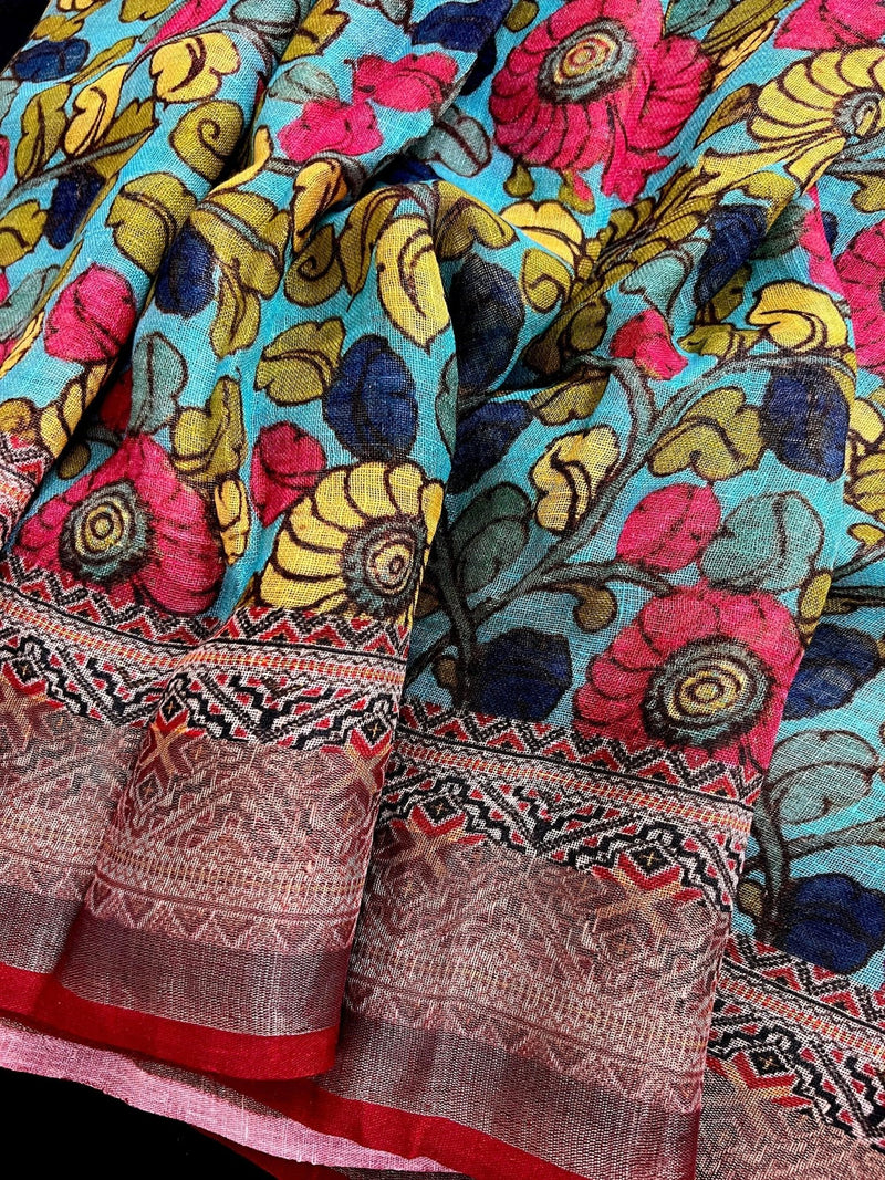 Teal Blue Pure Linen saree in pure linen by linen with radha-krishna pallu with zari border — Kaash Collection