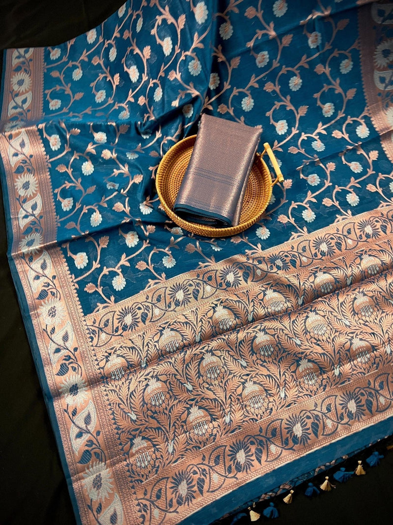 Teal Semi Banarasi with Copper Zari saree in semi banarasi silk with copper & silver zari floral jaal — Kaash Collection