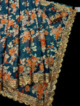 Teal Blue Soft Organza Saree: Floral Digital Print, Sequin, Zari Work Party Wear - Kaash