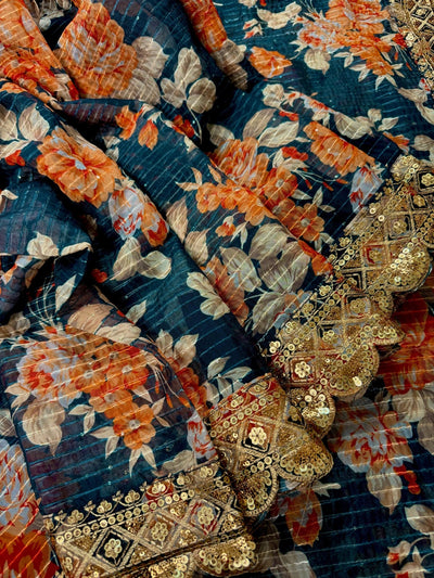 Teal Blue Soft Organza Saree: Floral Digital Print, Sequin, Zari Work Party Wear - Kaash
