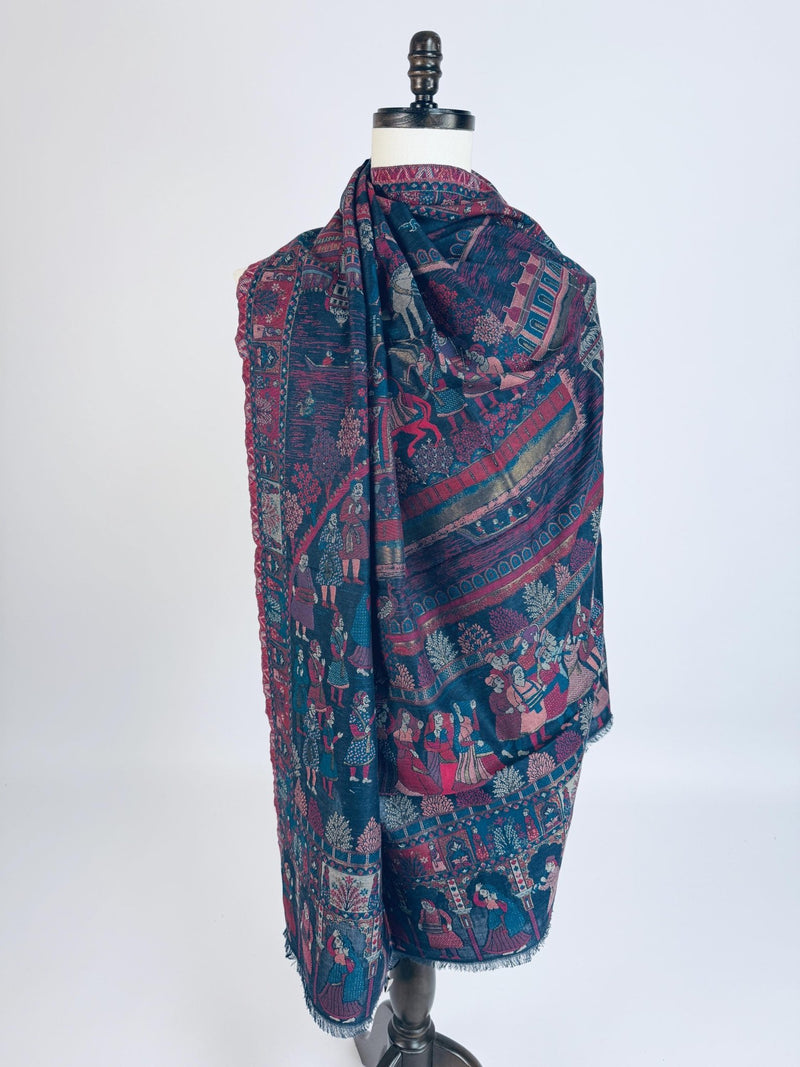 Teal kashmiri wool Kashmiri shawl with traditional floral design — Kaash Collection