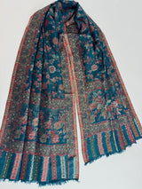 Teal premium pashmina Kashmiri shawl with kani weave, floral motifs — Kaash Collection