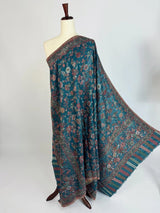 Teal premium pashmina Kashmiri shawl with kani weave, floral motifs — Kaash Collection