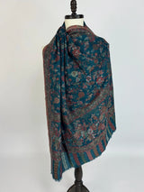 Teal premium pashmina Kashmiri shawl with kani weave, floral motifs — Kaash Collection
