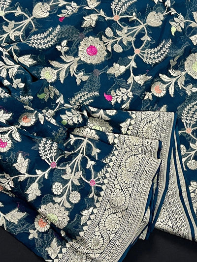 Dark Teal Green Banarasi saree in pure khaddi georgette with muted gold resham zari jaal with meenakari — Kaash Collection