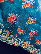 Teal soft organza dupatta with embroidery, sequin, zari & floral prints — Kaash Collection