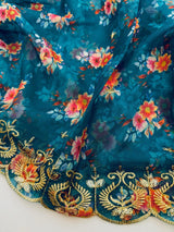 Teal soft organza dupatta with embroidery, sequin, zari & floral prints — Kaash Collection