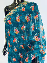 Teal soft organza dupatta with embroidery, sequin, zari & floral prints — Kaash Collection