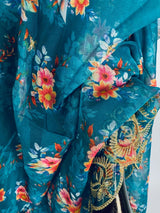 Teal soft organza dupatta with embroidery, sequin, zari & floral prints — Kaash Collection