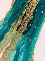 Teal Green net dupatta with gold zari, sequin & beads — Kaash Collection