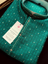 Teal Green Color Soft Raw Silk Men Kurta Pajama Self Design and tiny Zari Weave - Kaash