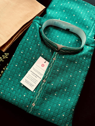 Teal Green men's kurta pajama in soft raw silk with self-design with tiny zari weave — Kaash Collection