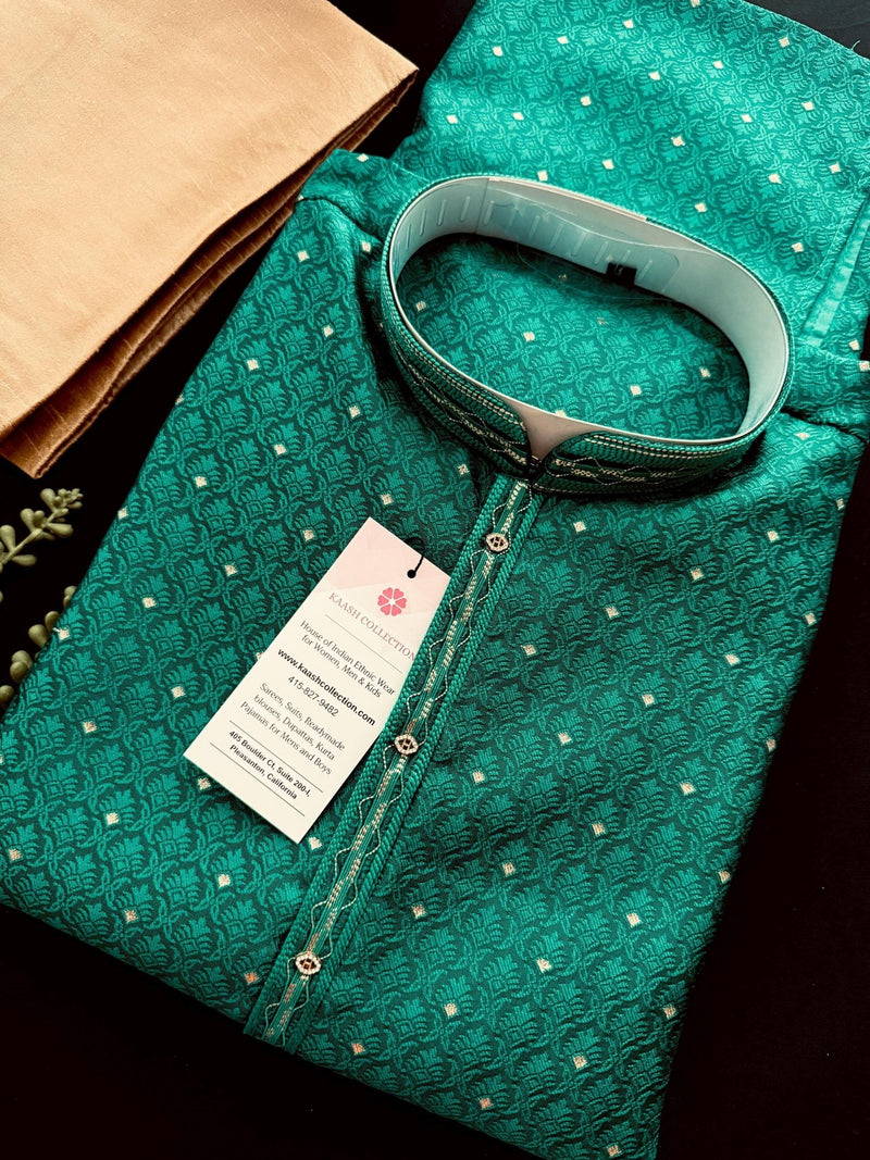 Teal Green Color Soft Raw Silk Men Kurta Pajama Self Design and tiny Zari Weave - Kaash