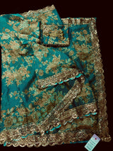 Teal Green Soft Organza Saree: Floral Digital Print, Sequin, Zari Work Party Wear - Kaash