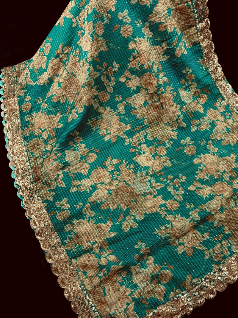 Teal Green Soft Organza Saree: Floral Digital Print, Sequin, Zari Work Party Wear - Kaash