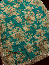 Teal Green Soft Organza Saree: Floral Digital Print, Sequin, Zari Work Party Wear - Kaash