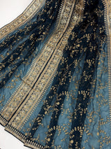 Teal Organza Silk Dupatta with Gold Zari Embroidery Sequins, Wedding Lehanga Accessory - Kaash