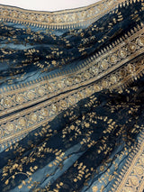 Teal Organza Silk Dupatta with Gold Zari Embroidery Sequins, Wedding Lehanga Accessory - Kaash