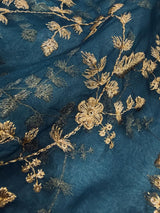 Teal Organza Silk Dupatta with Gold Zari Embroidery Sequins, Wedding Lehanga Accessory - Kaash