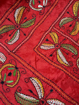 Tomato Red hand Kantha stitch saree on Bangalori silk — Kaash Collection