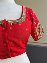 Tomato Red Raw Silk ready-to-wear blouse with handwork with beads — Kaash Collection