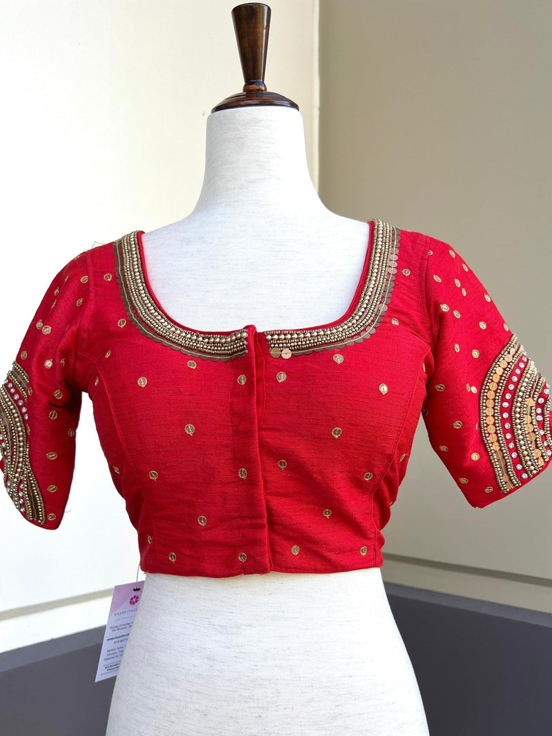 Tomato Red Raw Silk ready-to-wear blouse with handwork with beads — Kaash Collection