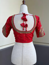 Tomato Red Raw Silk ready-to-wear blouse with handwork with beads — Kaash Collection