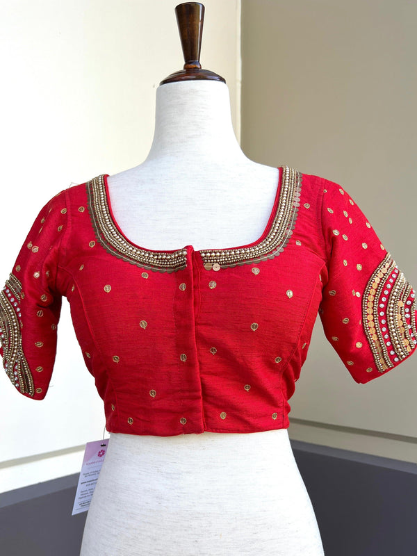 Tomato Red Color Raw Silk Ready to Wear Blouse | Handwork Blouses | Padded Blouse | Readymade Saree Blouses | Red Color Blouse - Kaash