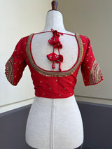 Tomato Red Color Raw Silk Ready to Wear Blouse | Handwork Blouses | Padded Blouse | Readymade Saree Blouses | Red Color Blouse - Kaash