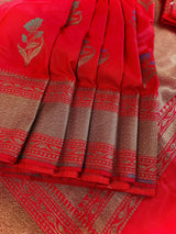 Tomato Red Saree with Antique Zari Weaving and Meenakari Work Floral bunches with Temple Borders - Kaash