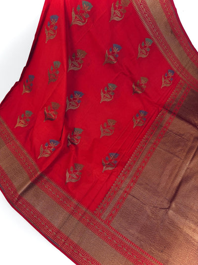 Tomato Red Saree with Antique Zari Weaving and Meenakari Work Floral bunches with Temple Borders - Kaash