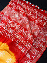 Mustard Yellow & Red Block Print saree in pure linen by linen with hand-block print on pure linen — Kaash Collection