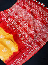 Mustard Yellow & Red Block Print saree in pure linen by linen with hand-block print on pure linen — Kaash Collection