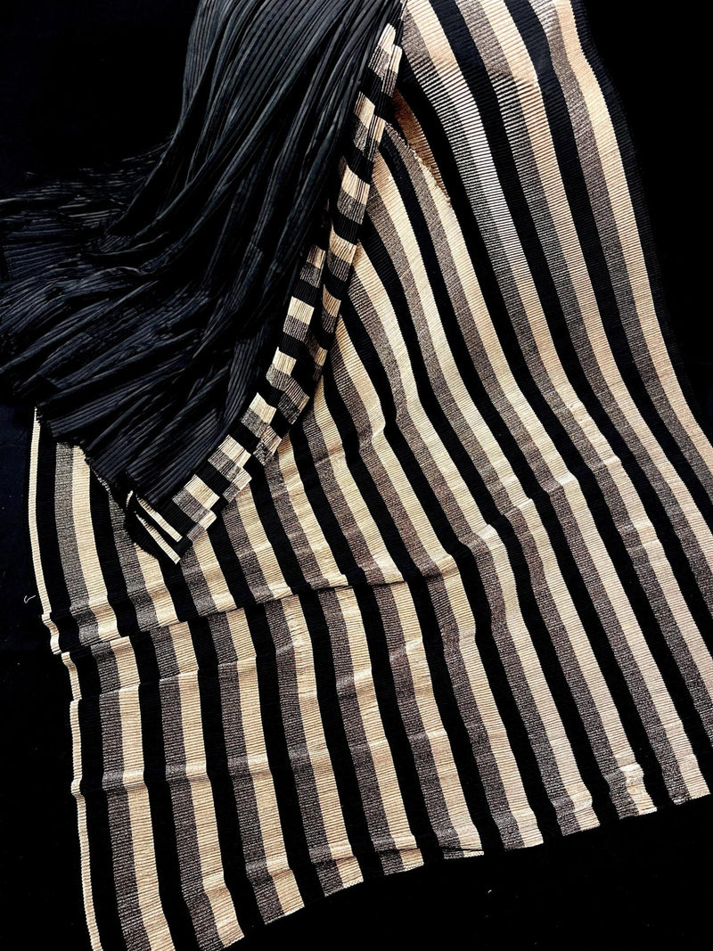 Black & Gold Pleated Half-and-Half saree in pleated fabric with pleated half-and-half party-wear — Kaash Collection