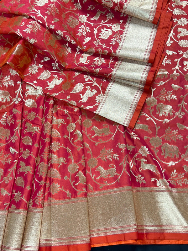 Triple Tone Peach with tint of Orange and Pink Semi Katan Silk | Handloom Saree | Shikargarh Banarasi Saree - Kaash