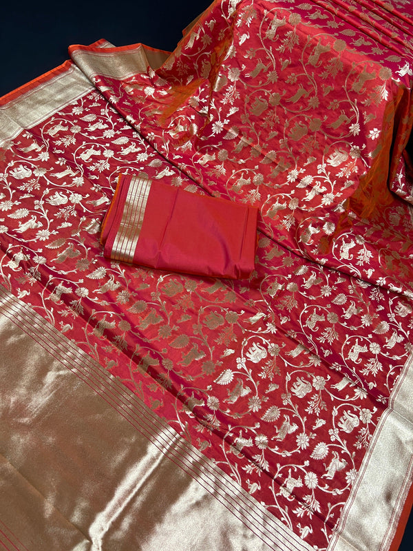 Triple Tone Peach with tint of Orange and Pink Semi Katan Silk | Handloom Saree | Shikargarh Banarasi Saree - Kaash