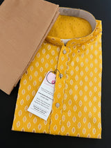 Turmeric Yellow / Haldi men's kurta pajama in pure cotton with small gold buttis on cotton — Kaash Collection